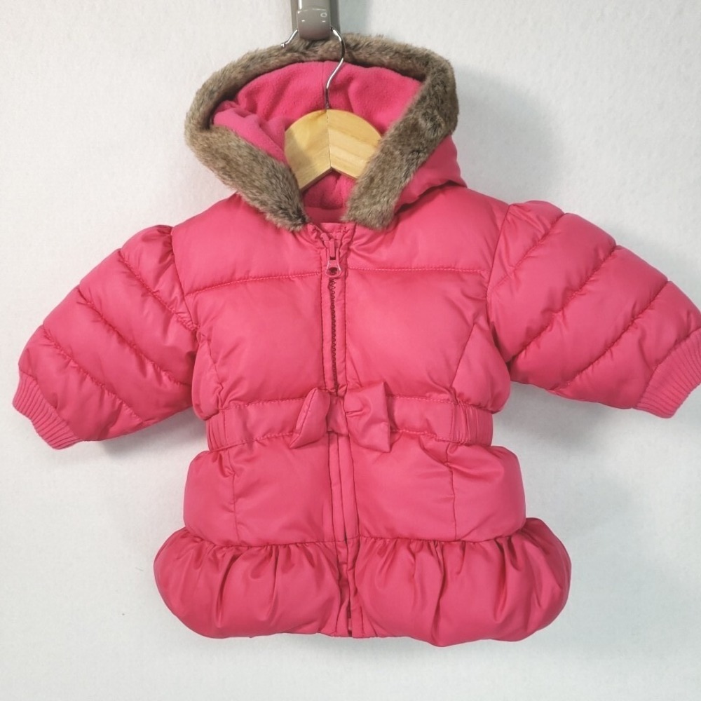 Old Navy Baby Girls 3-6M Puffer Jacket Hot Pink Faux Fur Hooded Winter Coat